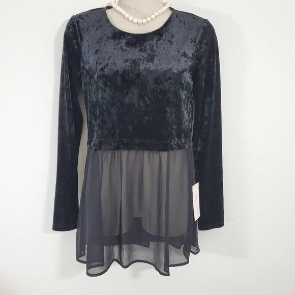 NWT BCBG | BCBGENERATION BLACK VELVET CONTRAST HEM SHEER BLOUSE WOMEN'S XXS - Picture 2 of 11